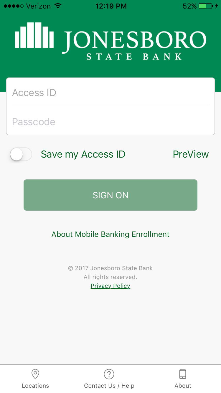 Mobile Banking Login Screenshot